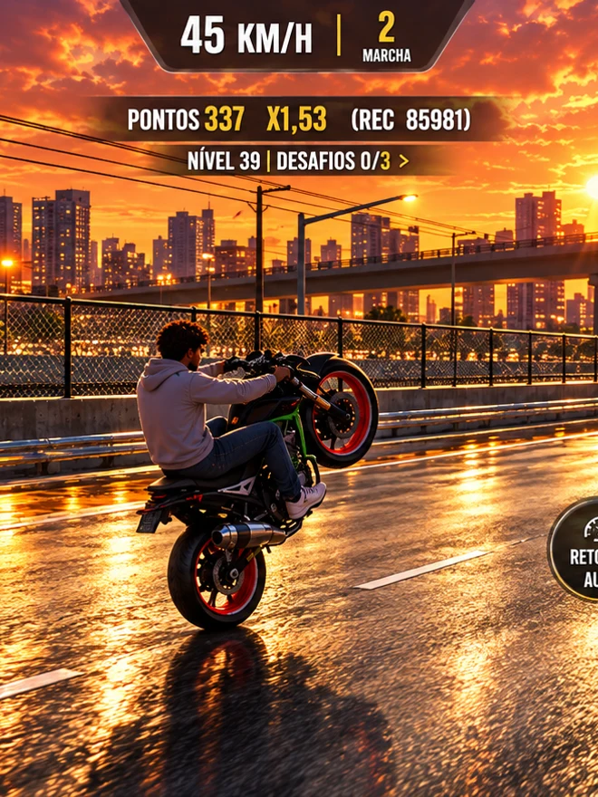 Motociclista de Grau Street BR empinando a moto ao pôr do sol
