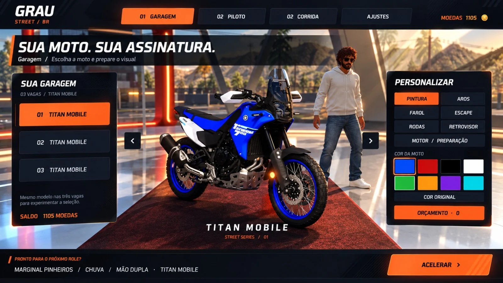 Tela de garagem e customização da moto
